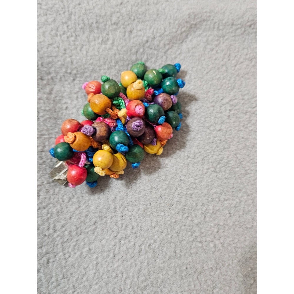 vintage 1980s colorful wooden cluster beaded barrette silver-tone metal clip